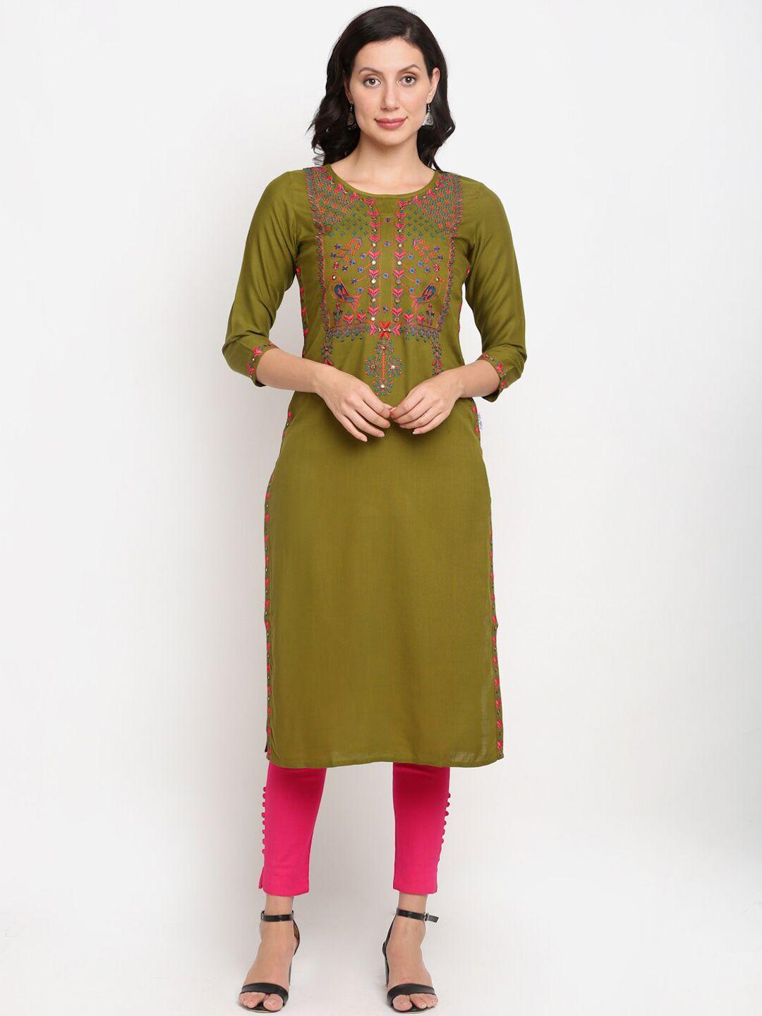 lovely lady women olive green geometric yoke design mirror work kurta