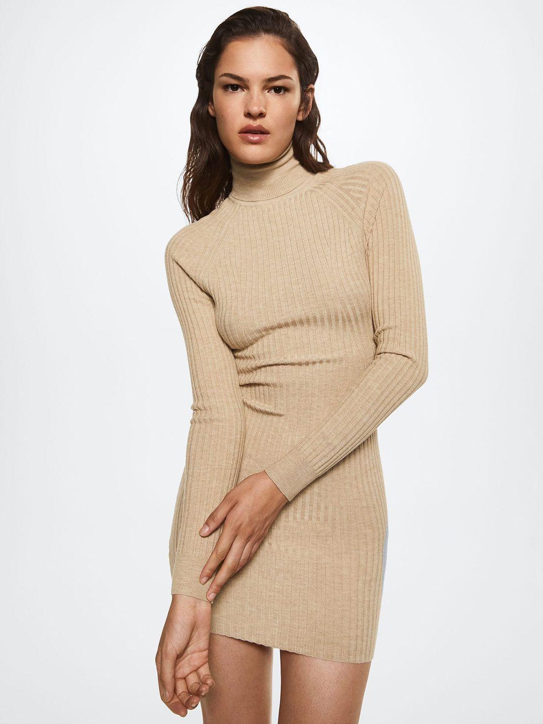 mango beige solid sustainable mini sweater dress