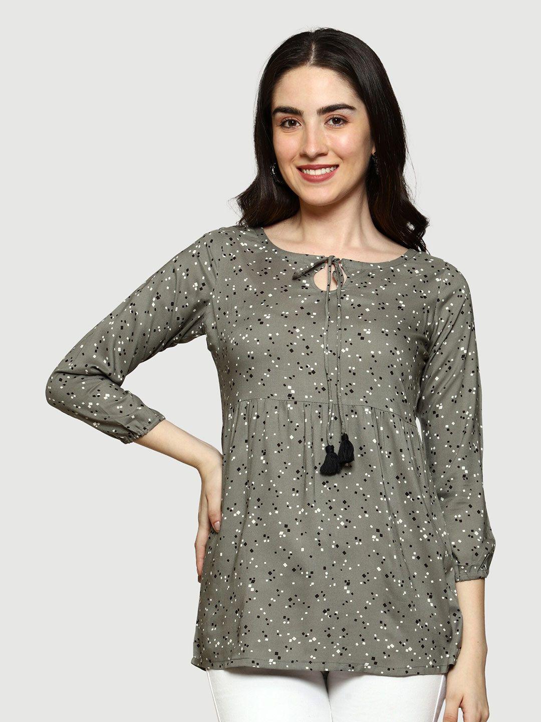 anuthi grey geometric print tie-up neck top