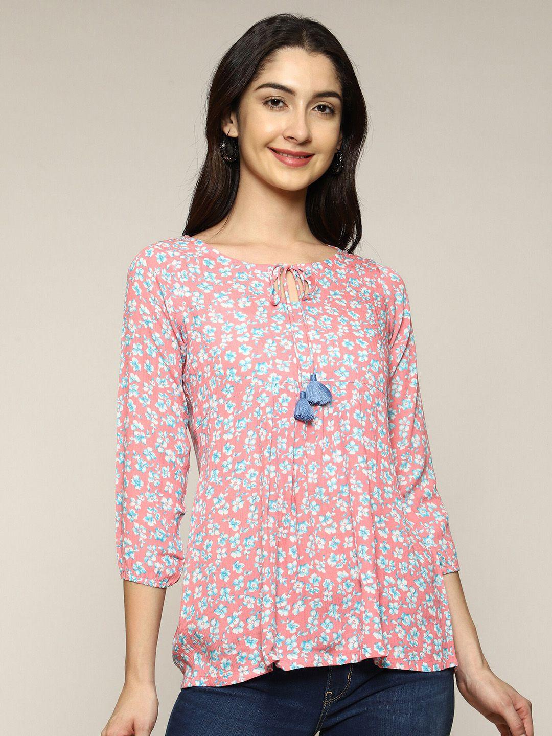 anuthi pink floral print tie-up neck top