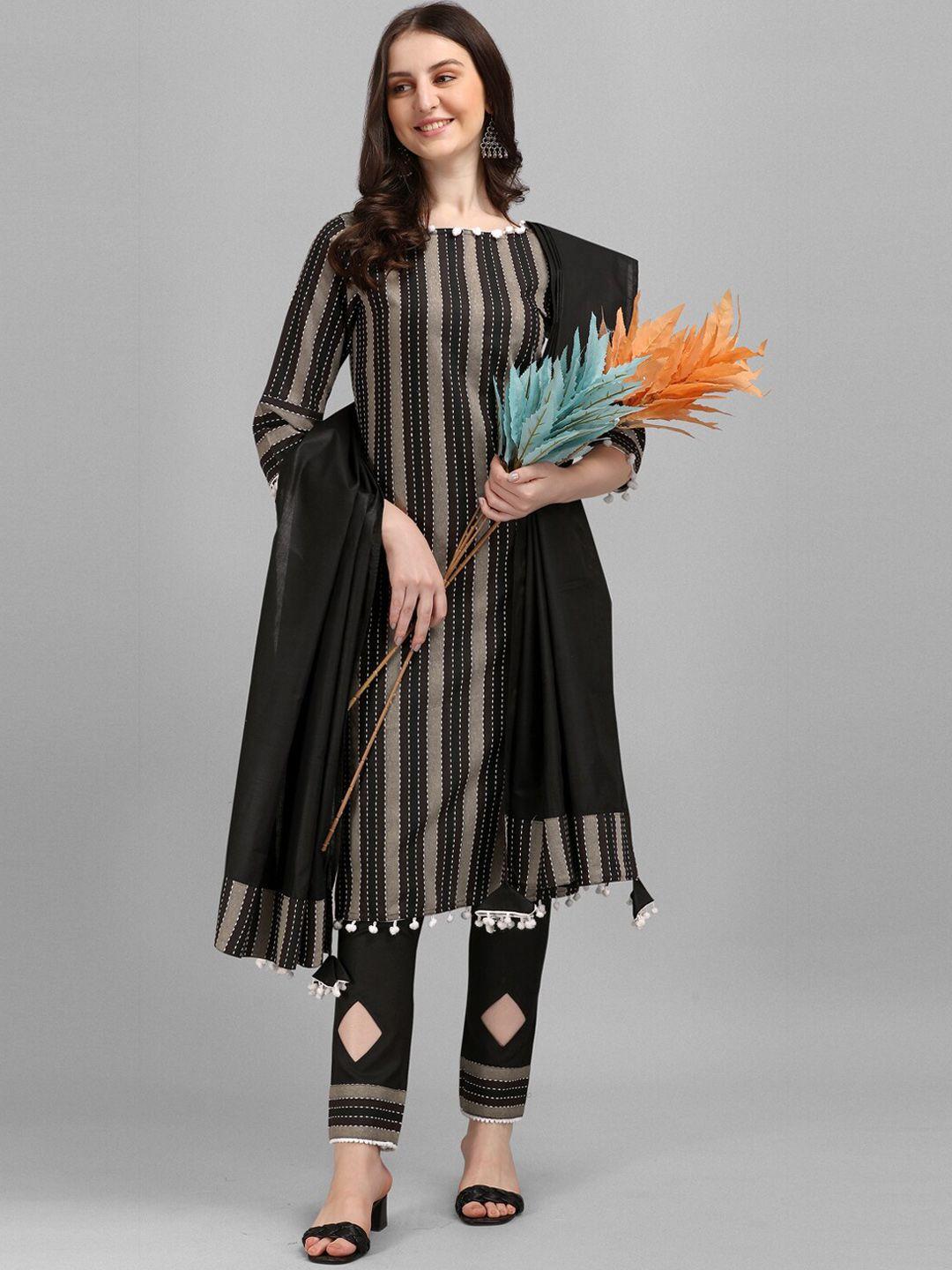 kalini women black & grey striped cotton blend straight kurta with trousers & with dupatta