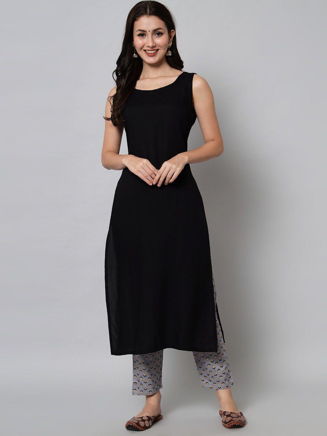 kalini women black solid viscose rayon straight kurta with trousers