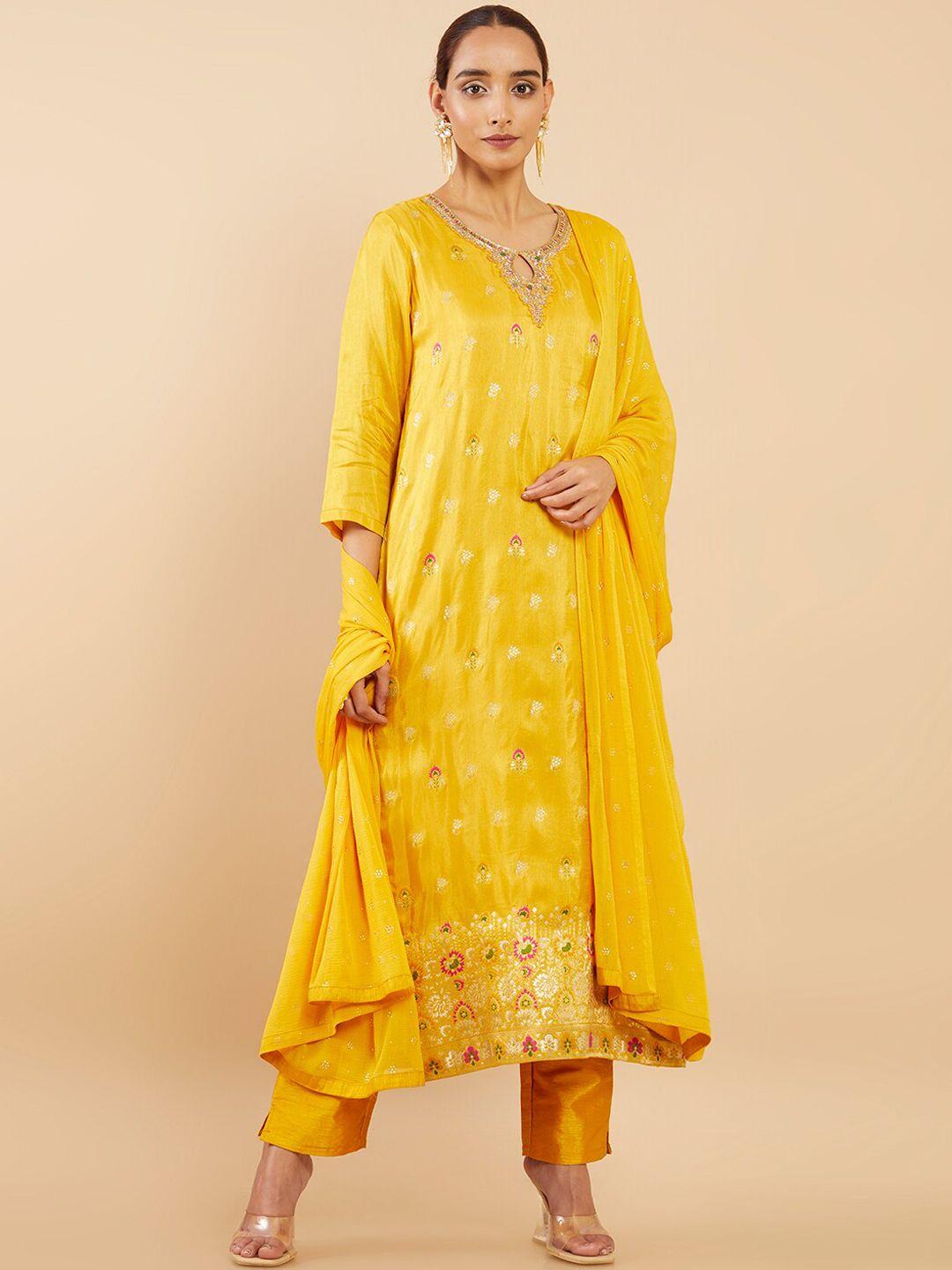 soch women mustard yellow ethnic motifs printed pure silk kurta with trousers & with dupatta