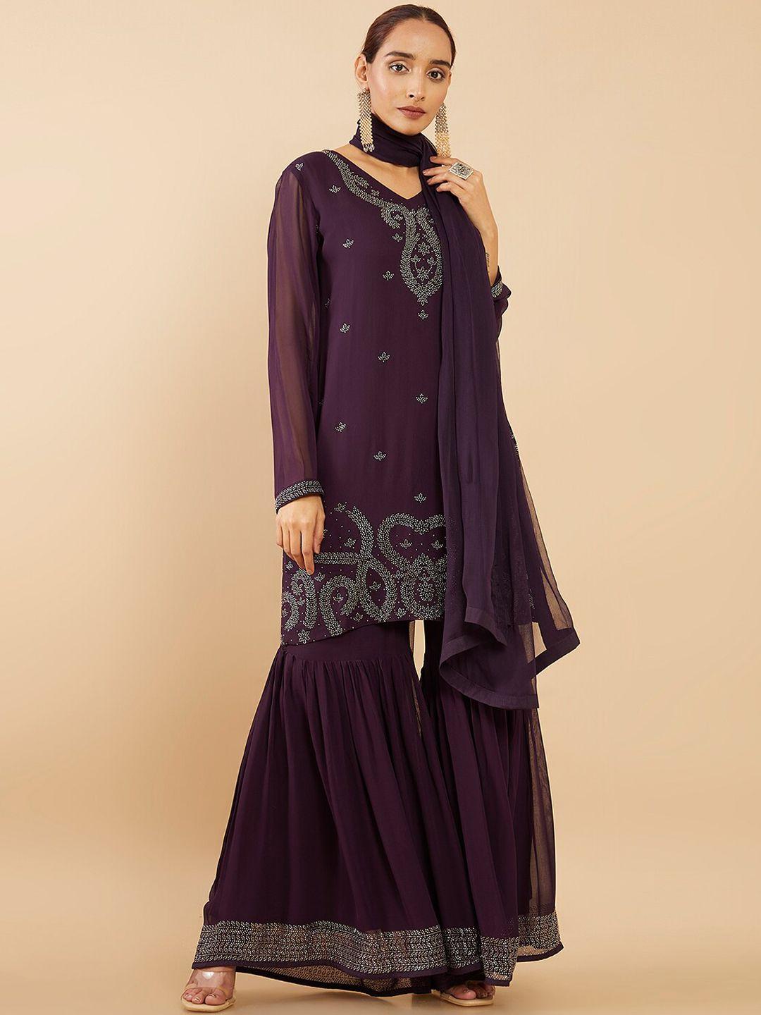 soch women purple  printed silk georgette kurta with sharara & with dupatta