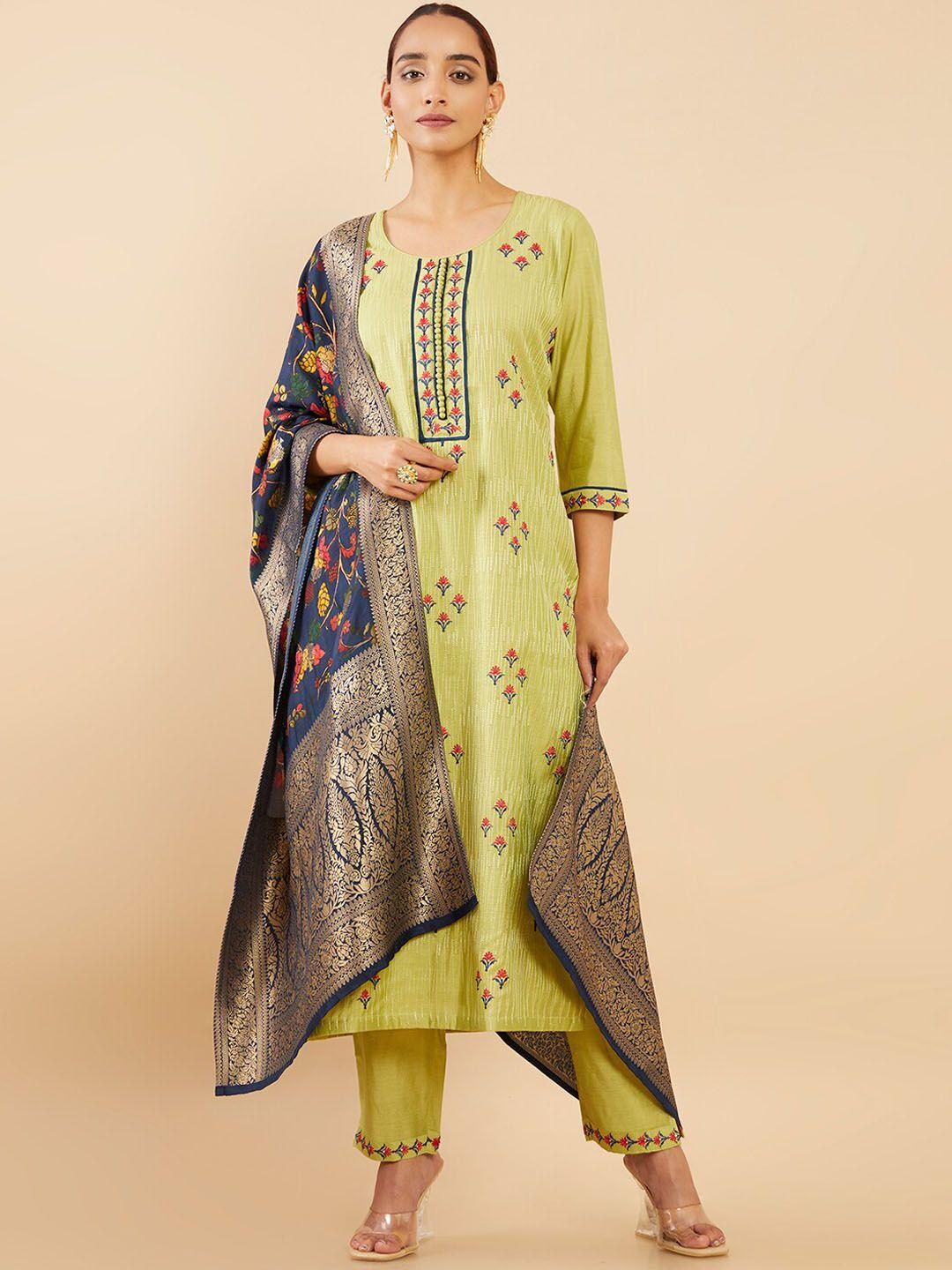 soch women green floral embroidered pure silk kurta with trousers & with dupatta