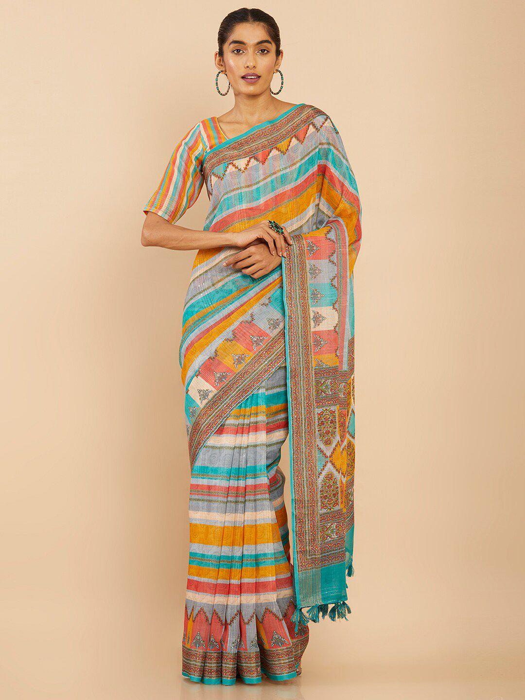 soch pink & blue striped pure linen saree