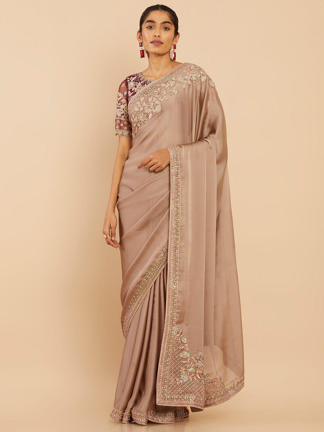 soch beige & gold-toned sequinned pure georgette saree