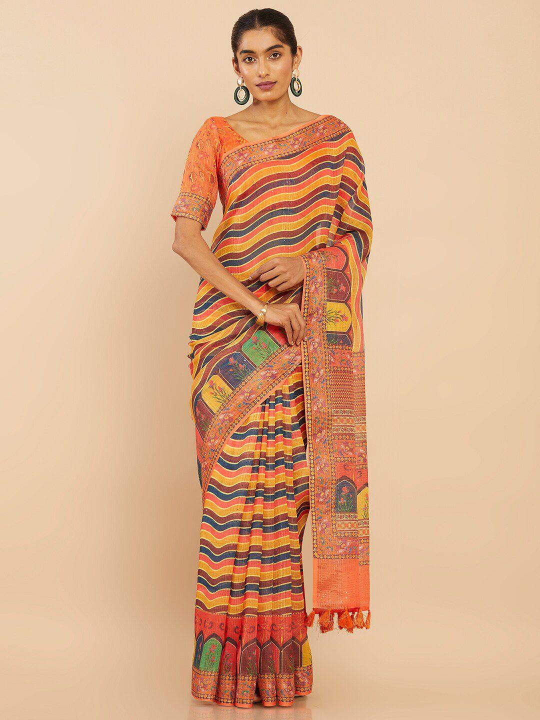 soch orange & yellow striped pure linen saree