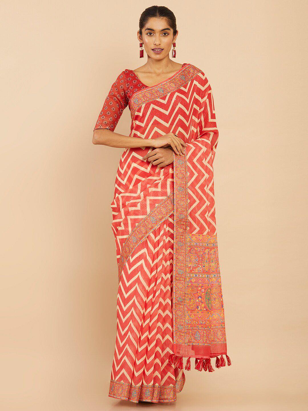 soch red & white printed pure linen saree