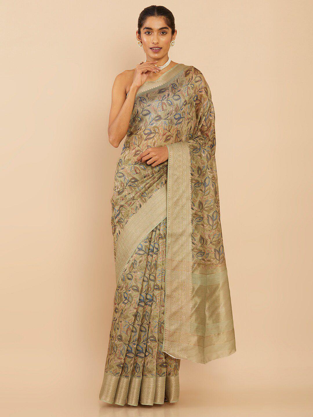 soch olive green & gold-toned floral zari art silk saree