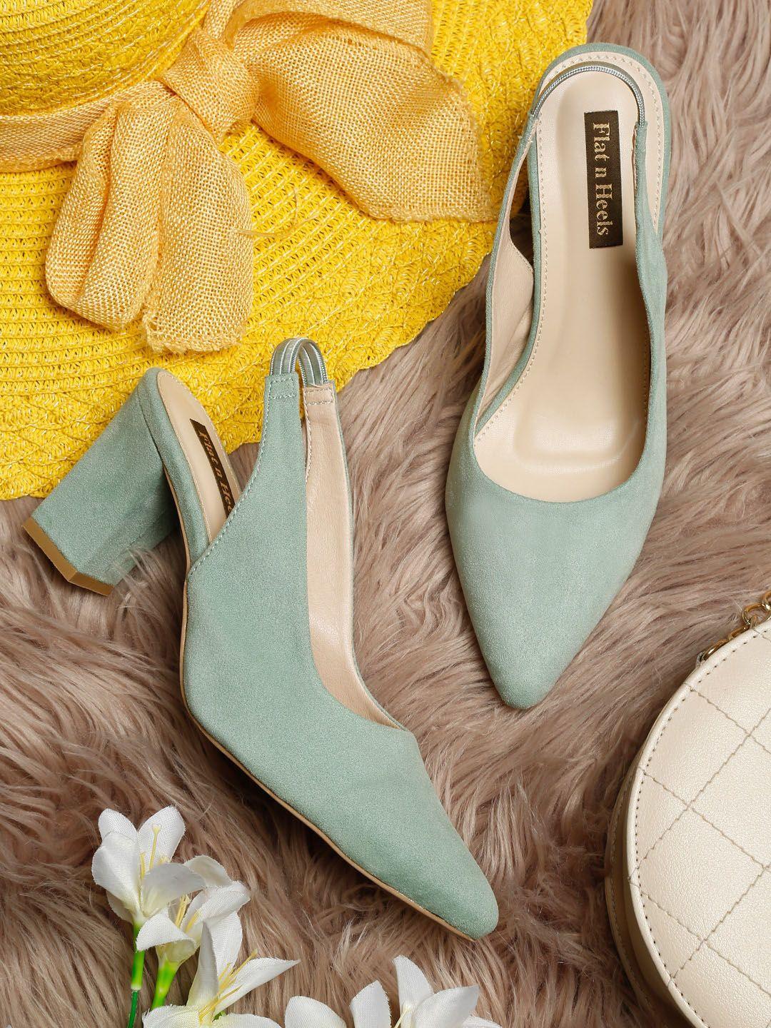 flat n heels green suede block pumps