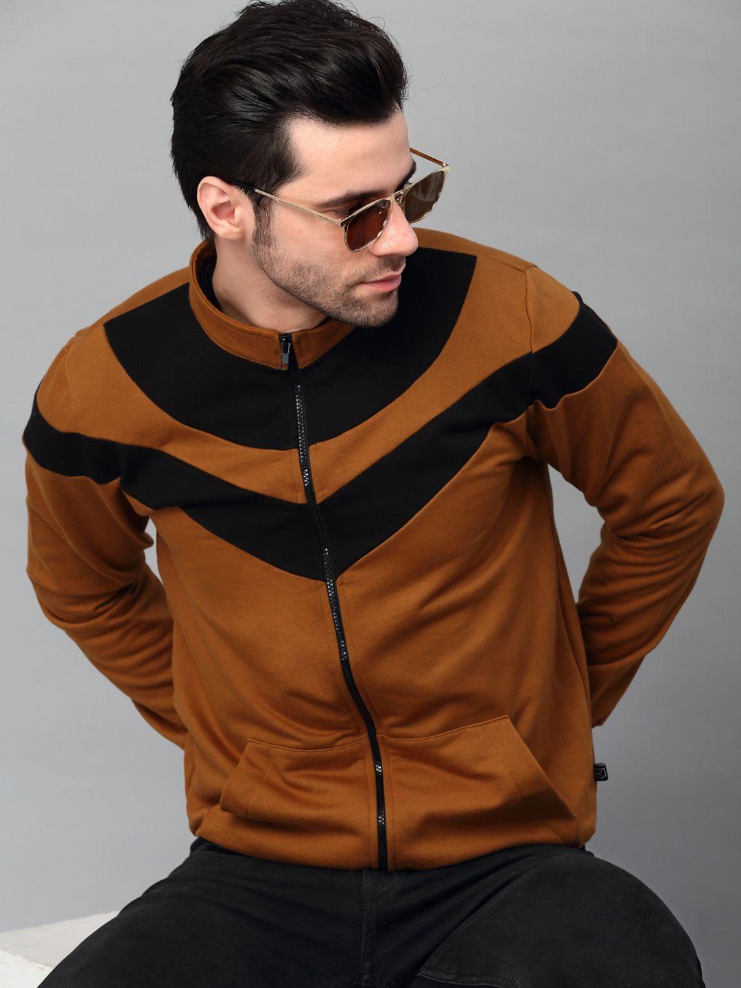 rigo men brown colourblocked fleece lightweight outdoor open front jacket