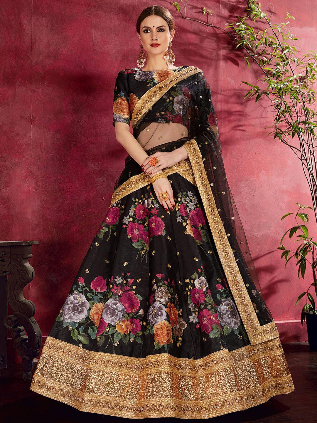 fabpixel black & red printed semi-stitched lehenga & unstitched blouse with dupatta