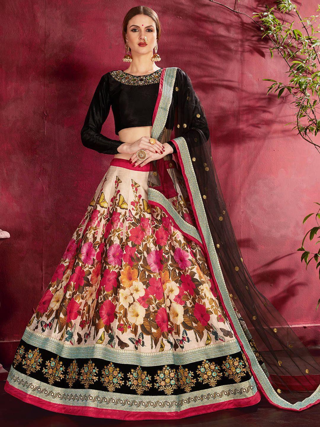 fabpixel black & red embellished thread work semi-stitched lehenga & unstitched blouse with dupatta