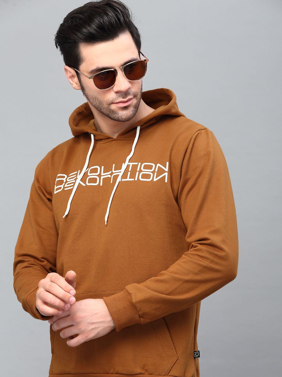 rigo men brown printed hooded sweatshirt