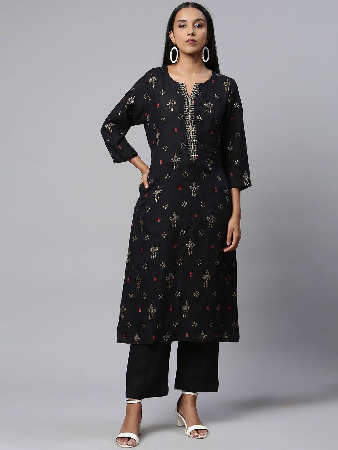 linen club woman women black floral printed keyhole neck thread work kurta