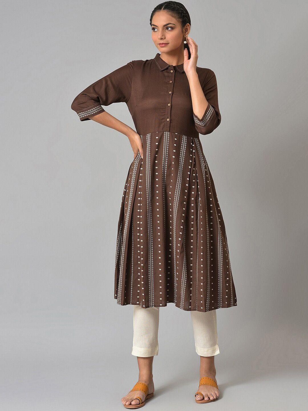 w women brown printed kurta with trousers