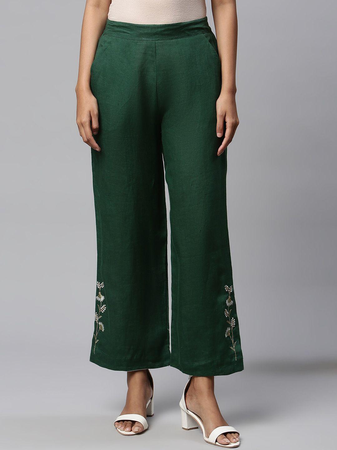 linen club woman women green floral embroidered tapered fit sustainable trouser