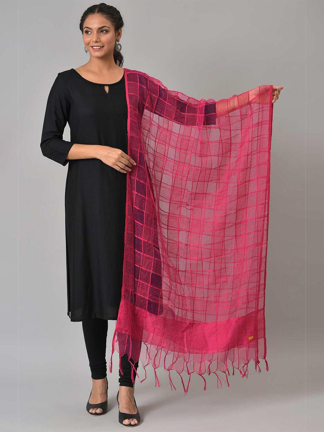 aurelia pink checked viscose rayon dupatta