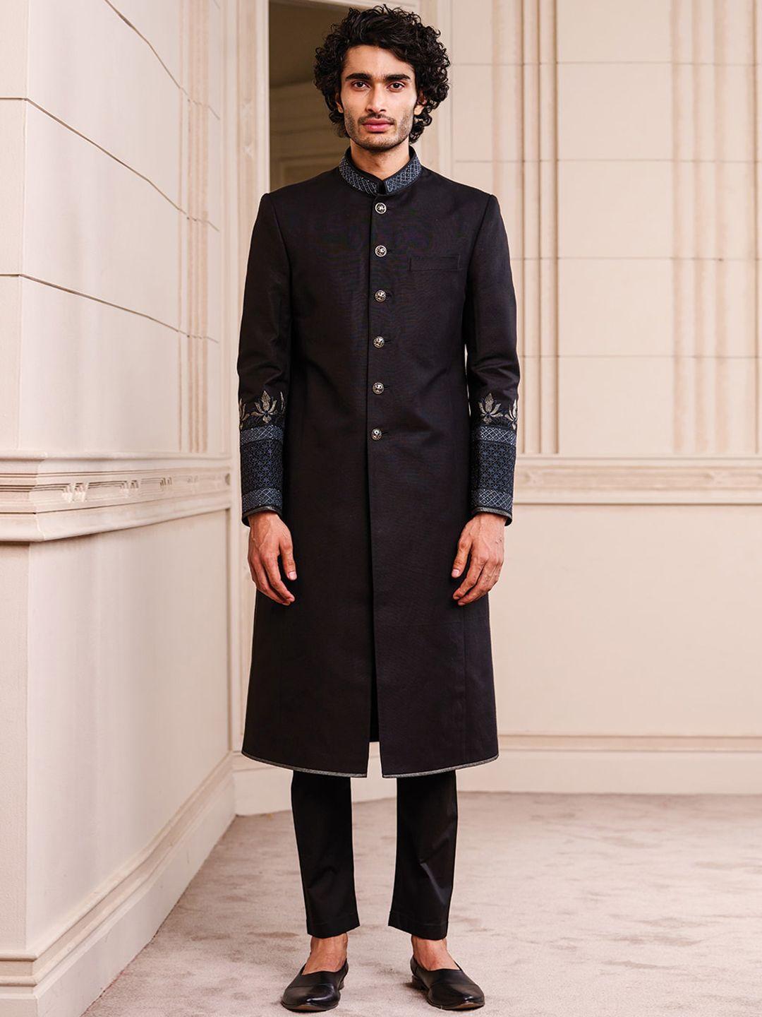 tasva men black solid cotton linen with swarovski detailing sherwani set