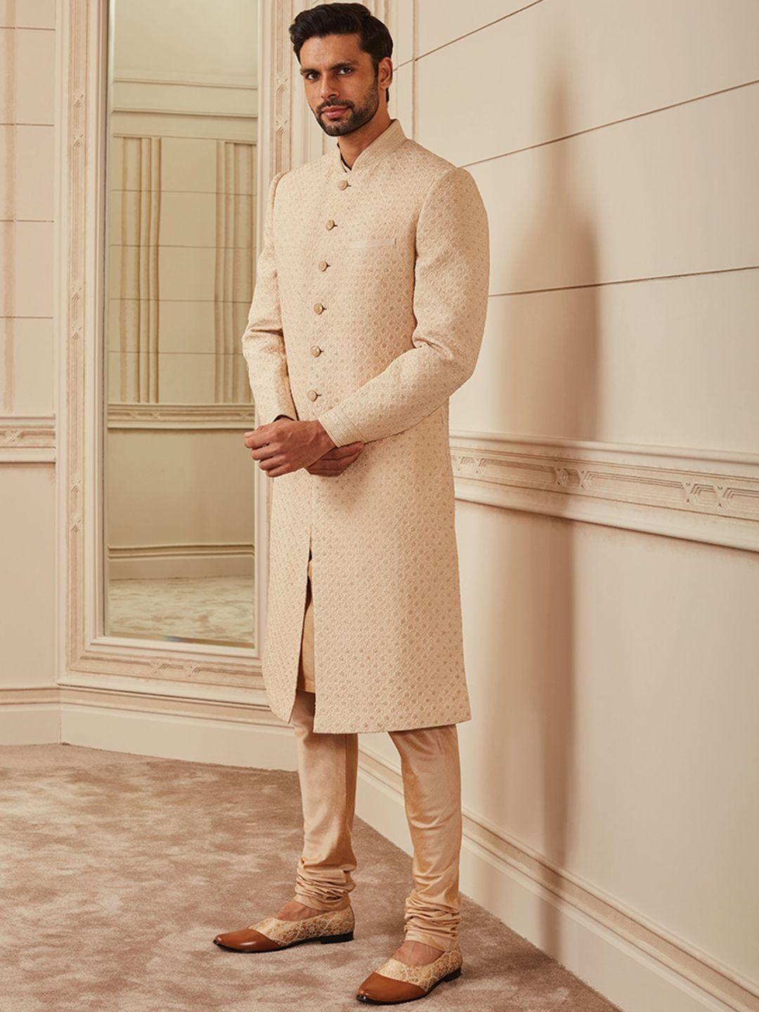 tasva men beige all over quilted dori sherwani set