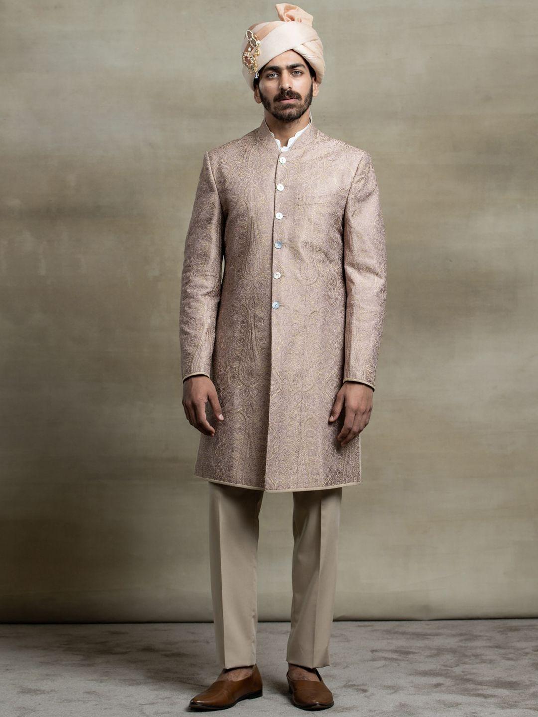 tasva men pink printed pure silk sherwani set