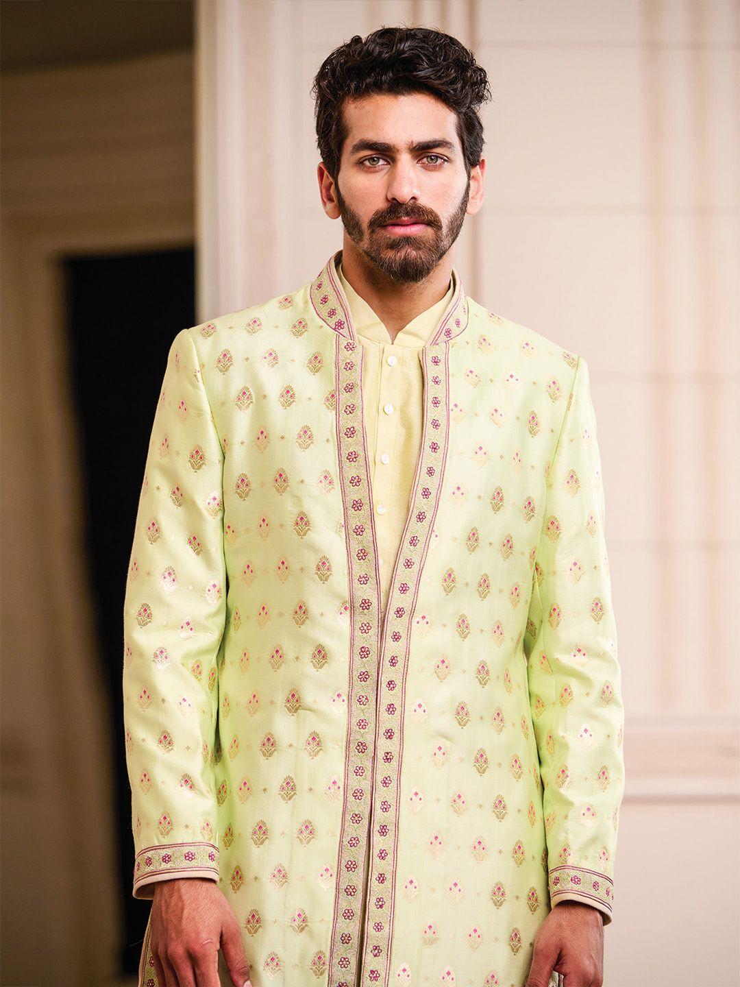 tasva men mint-green woven-design sherwani