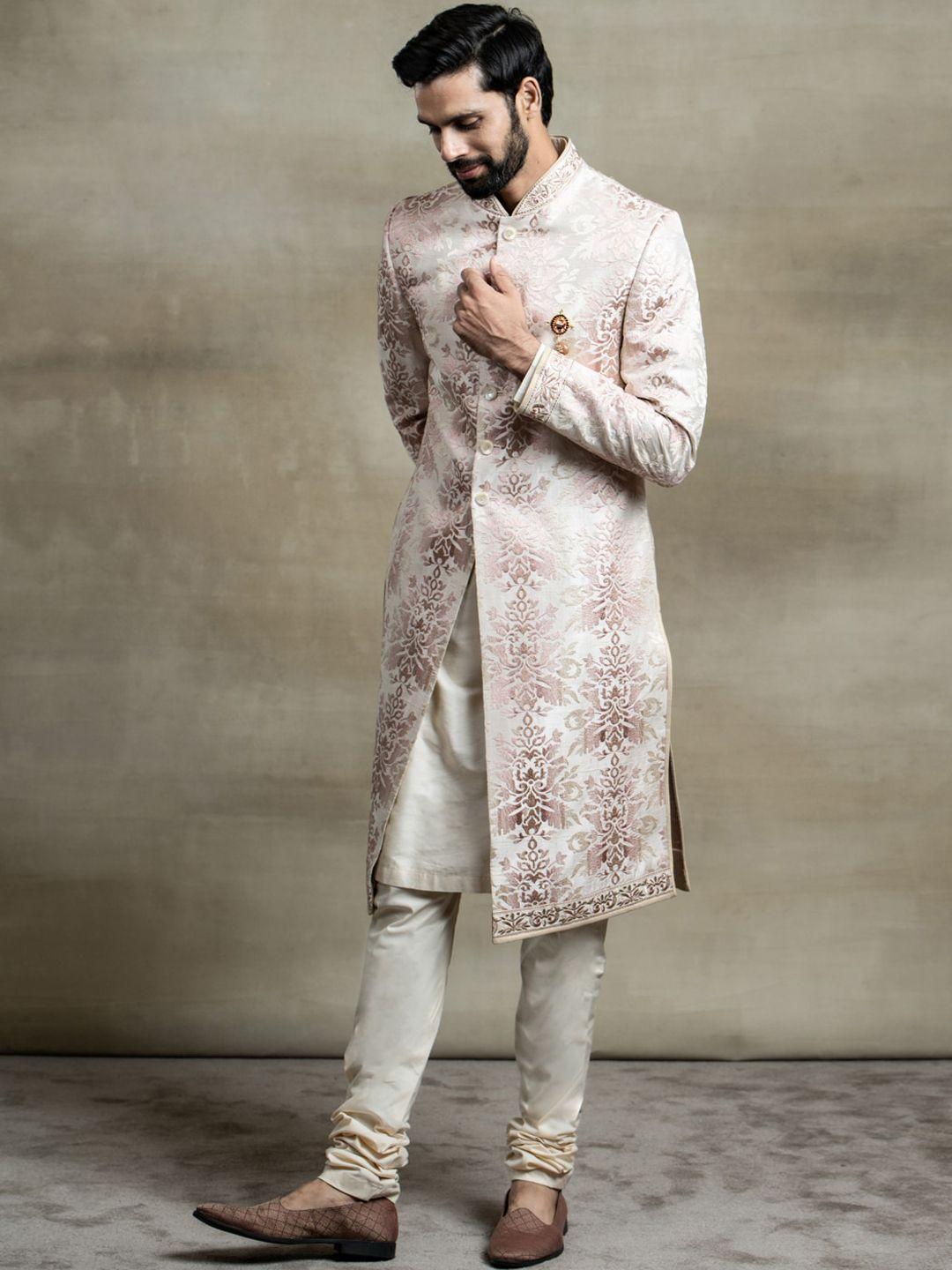 tasva men pink raw silk ombre pattern embroidered sherwani set