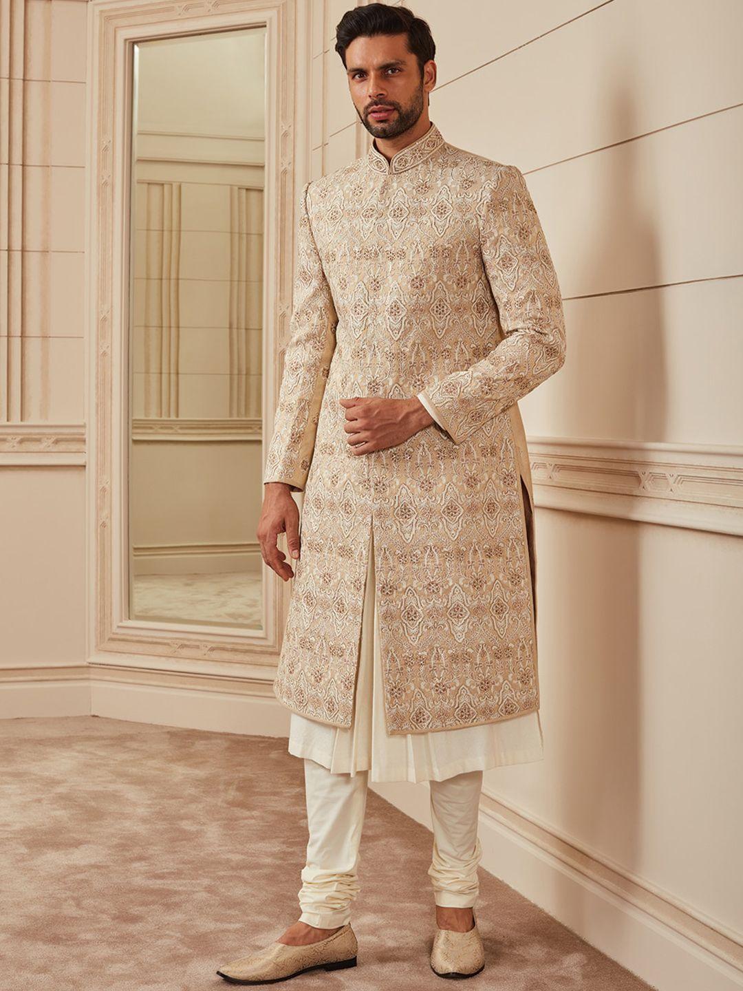 tasva men gold-coloured all over embroidered brocade sherwani set