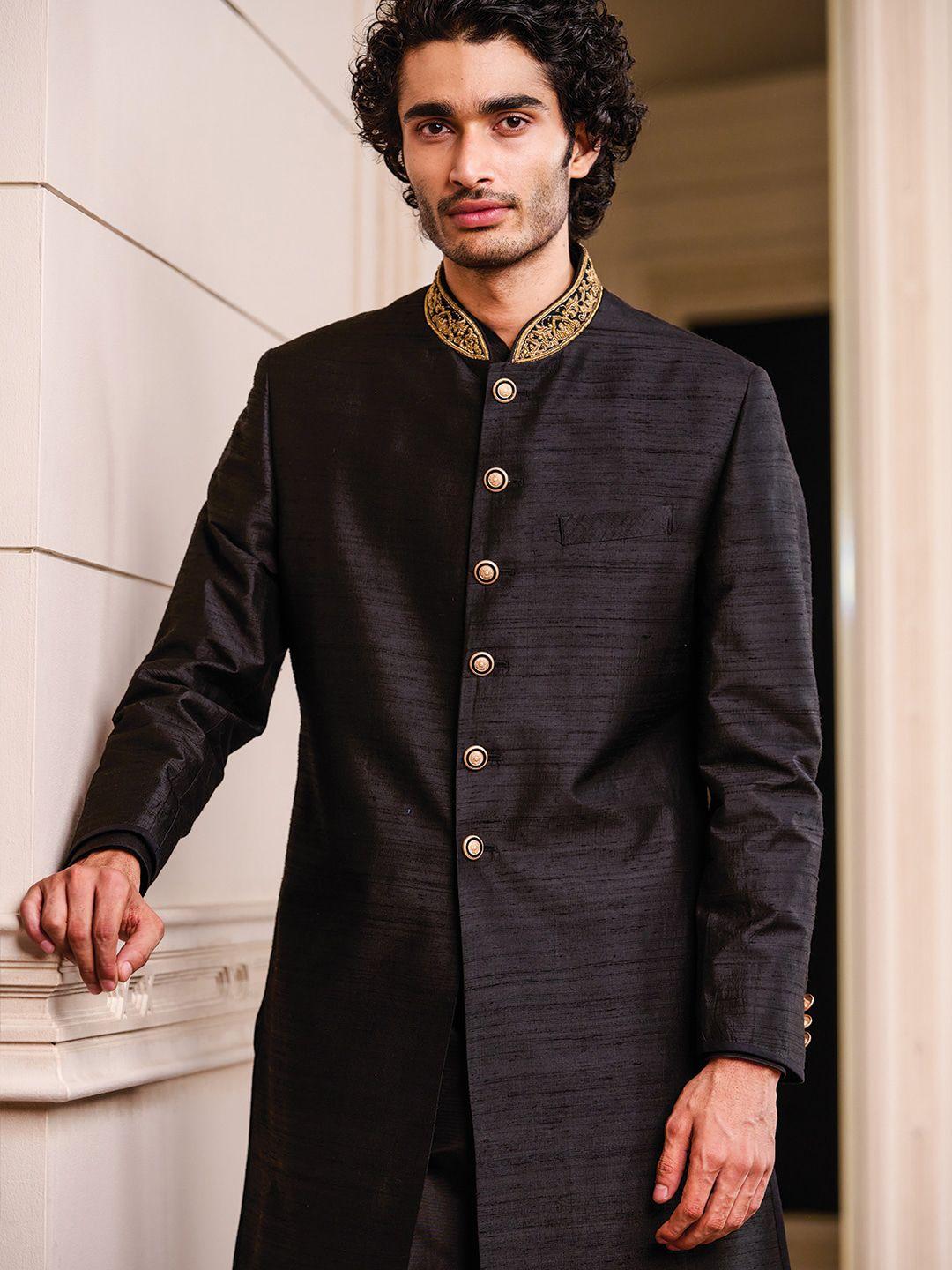 tasva men black solid sherwani set