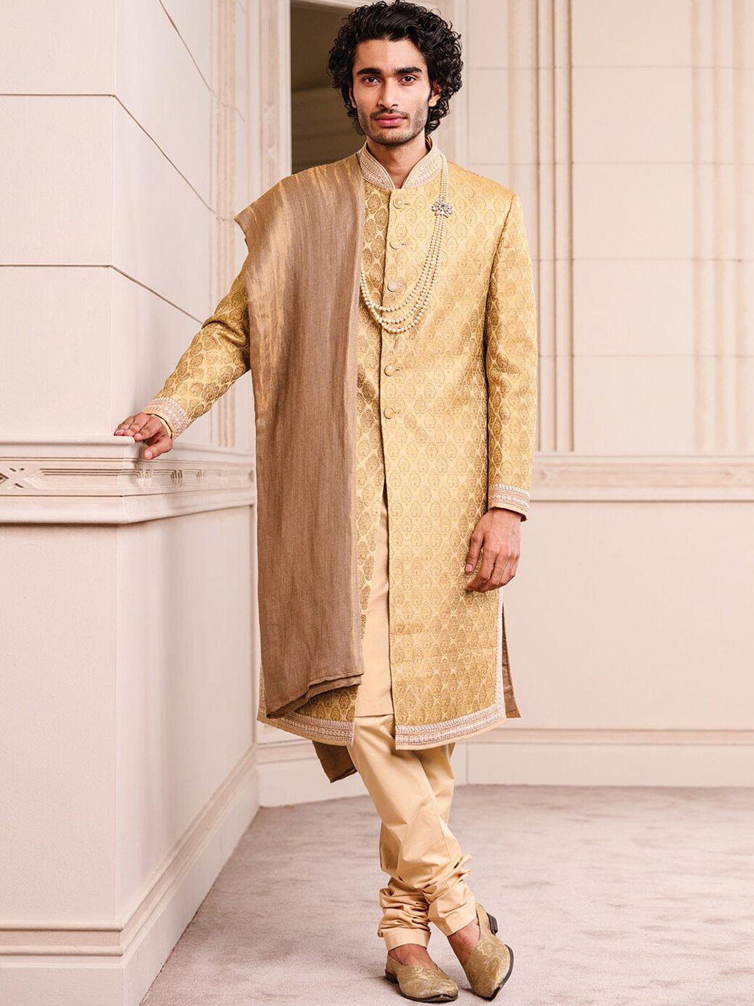 tasva men gold-coloured printed sherwani set