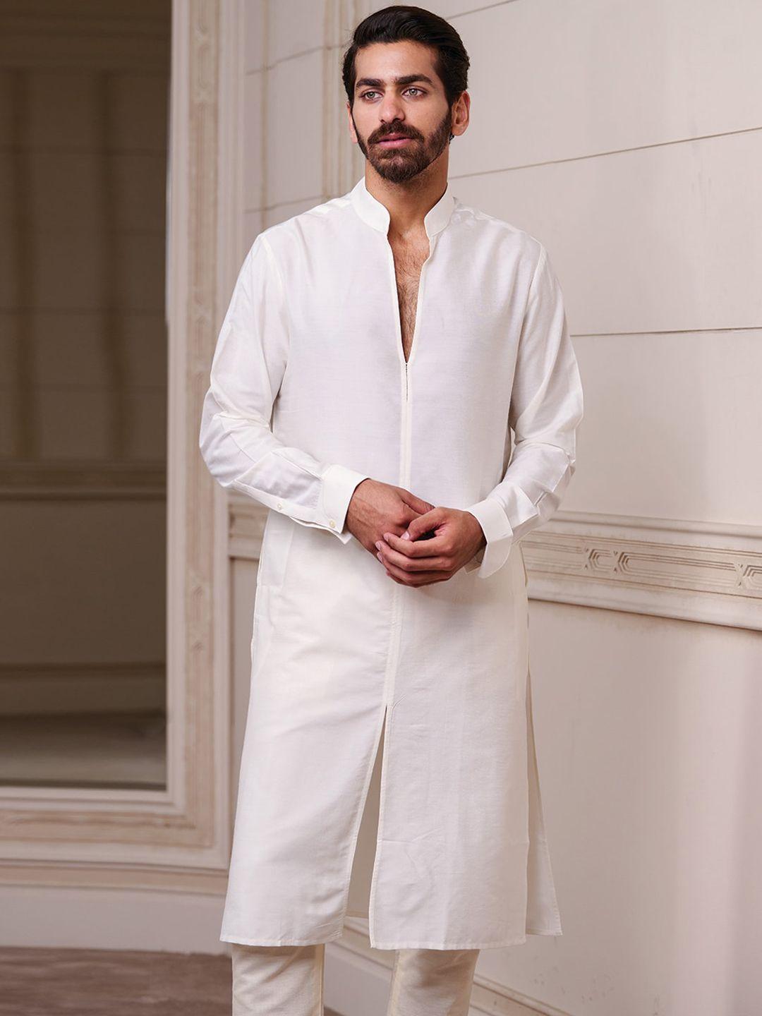 tasva men white open collared single straight kurta