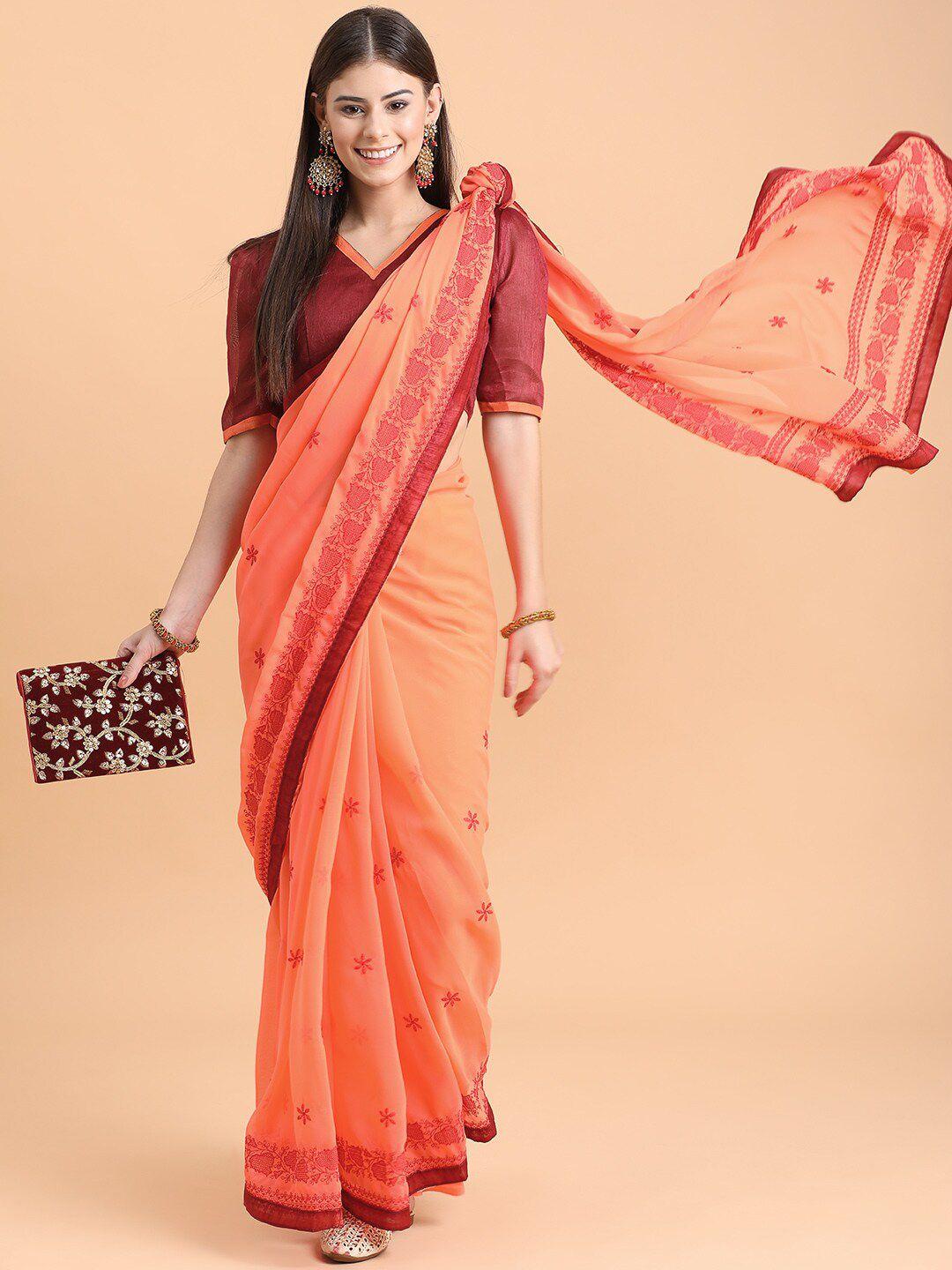 sangria peach-coloured floral embroidered pure georgette saree