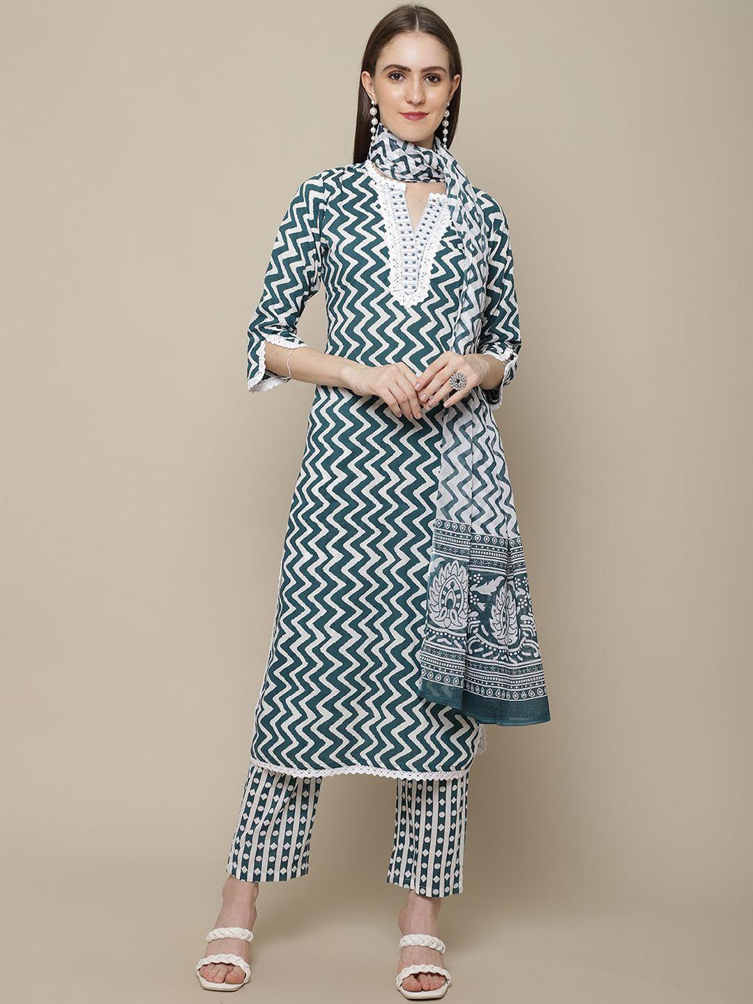 sangria women teal printed thread work pure cotton kurta with trousers & with dupatta