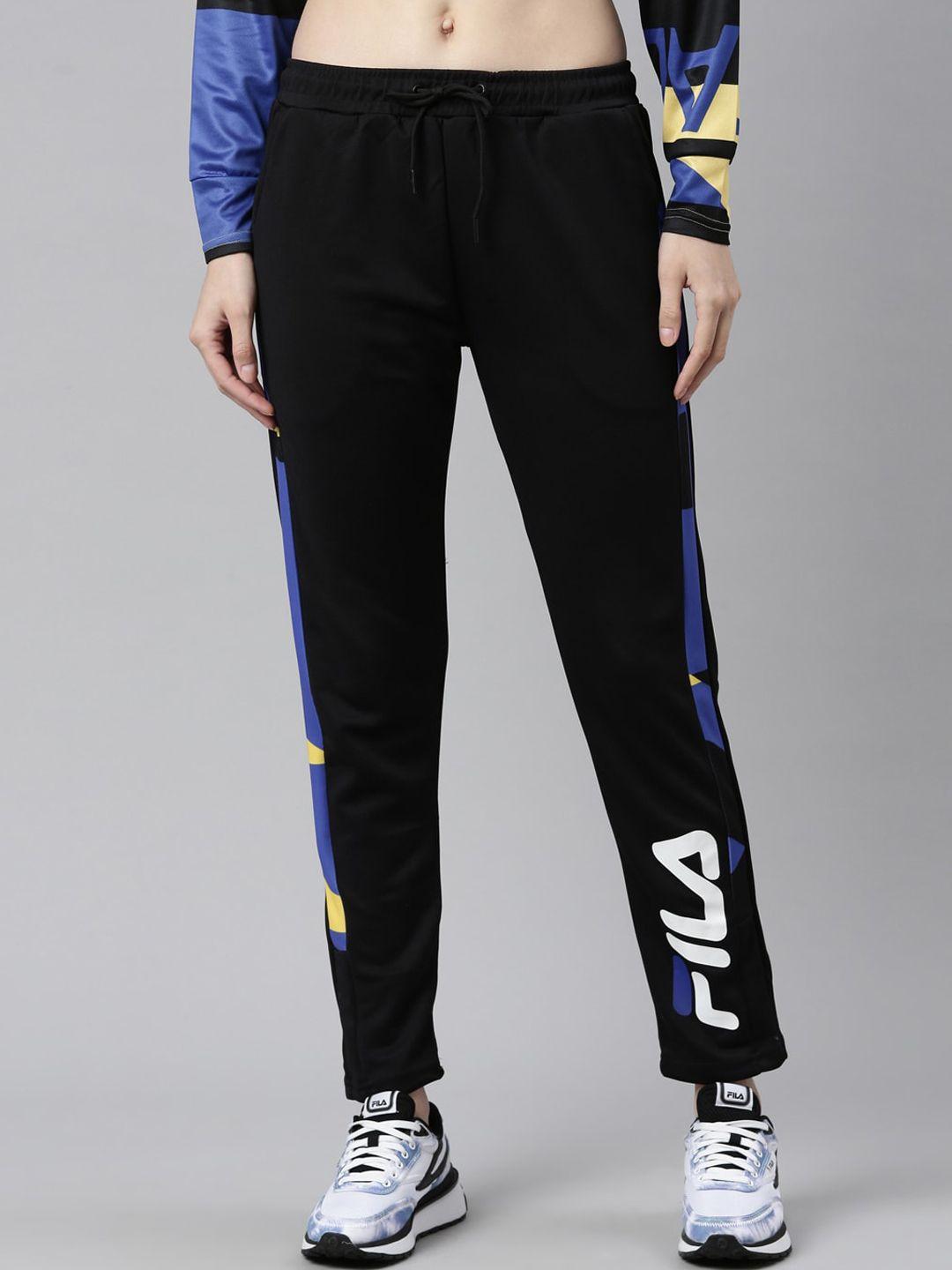 fila women black solid drawstring track sports pants