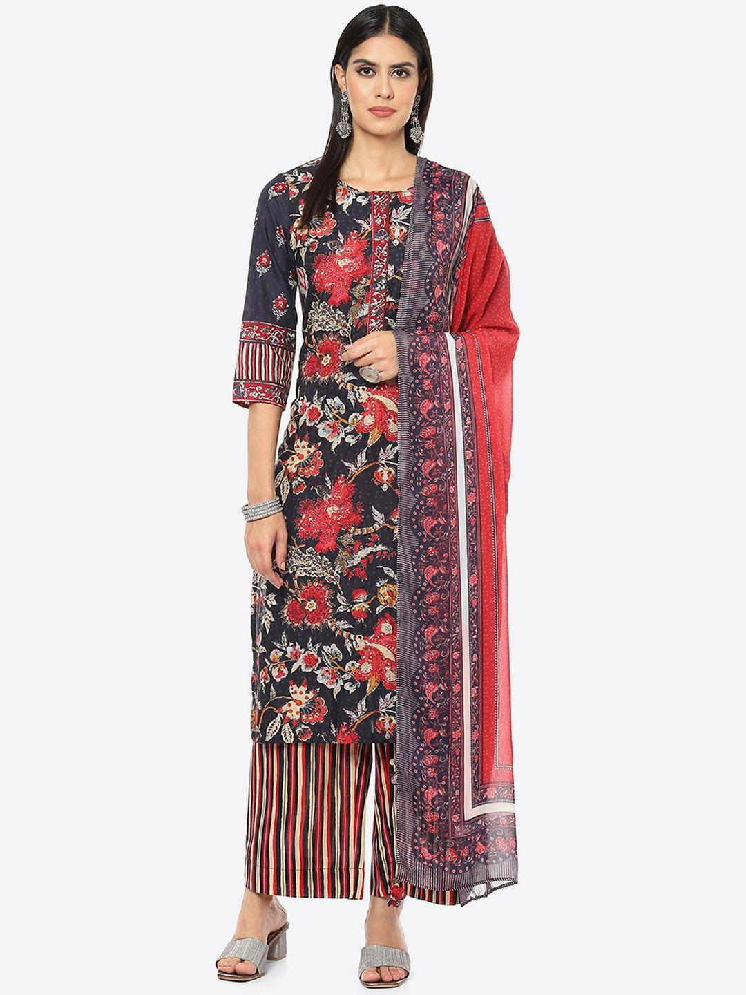 biba women charcoal floral printed kurta with palazzo &  dupatta