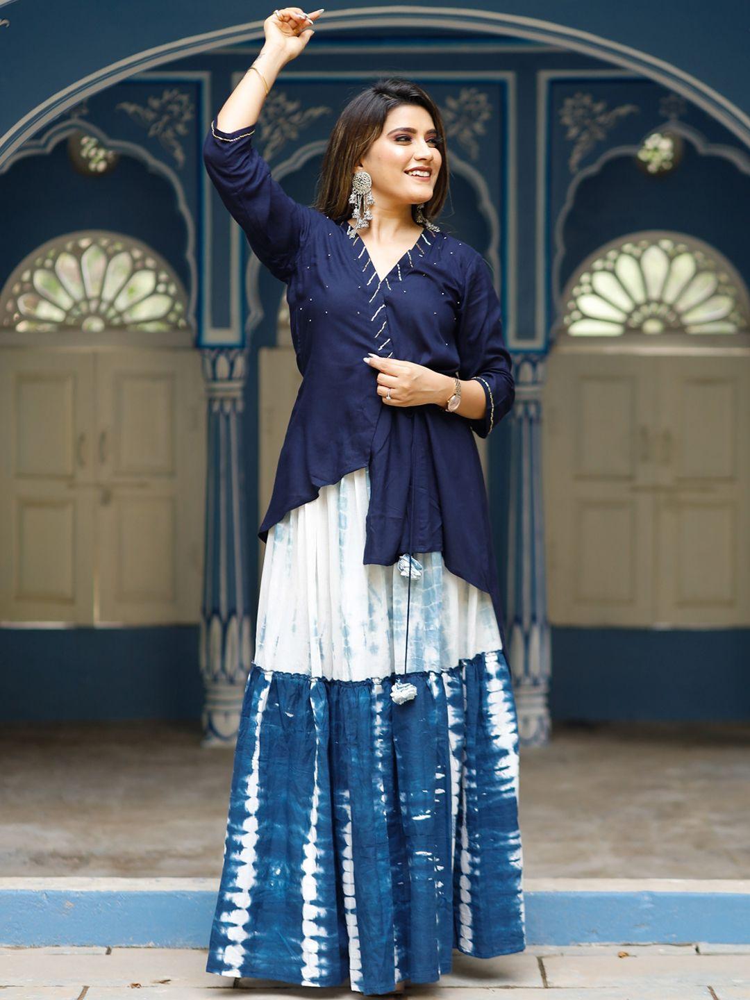 thread & button women navy blue bandhani angrakha kurti with skirt