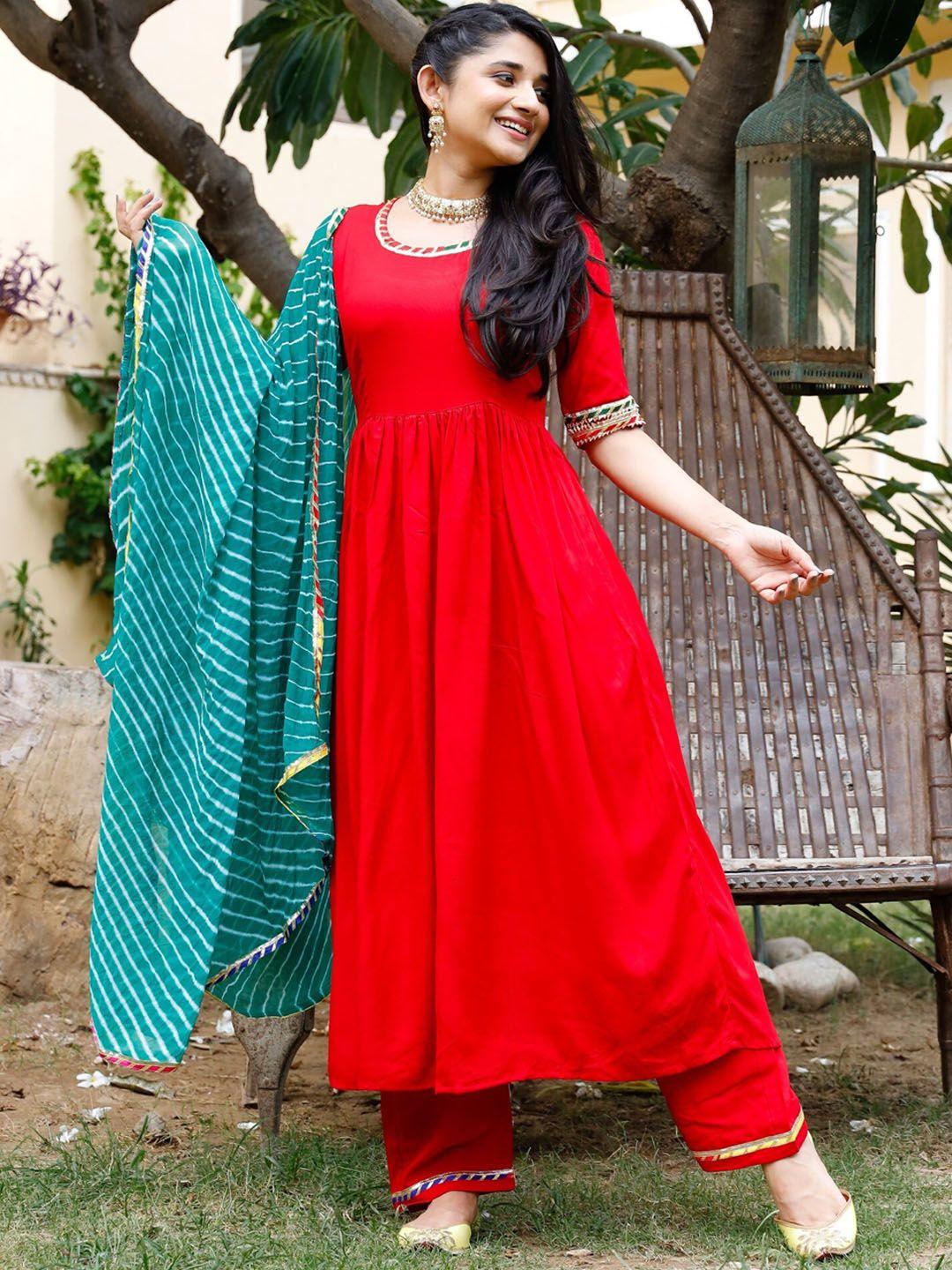 thread & button women red empire gotta patti pure cotton kurta with palazzos & dupatta