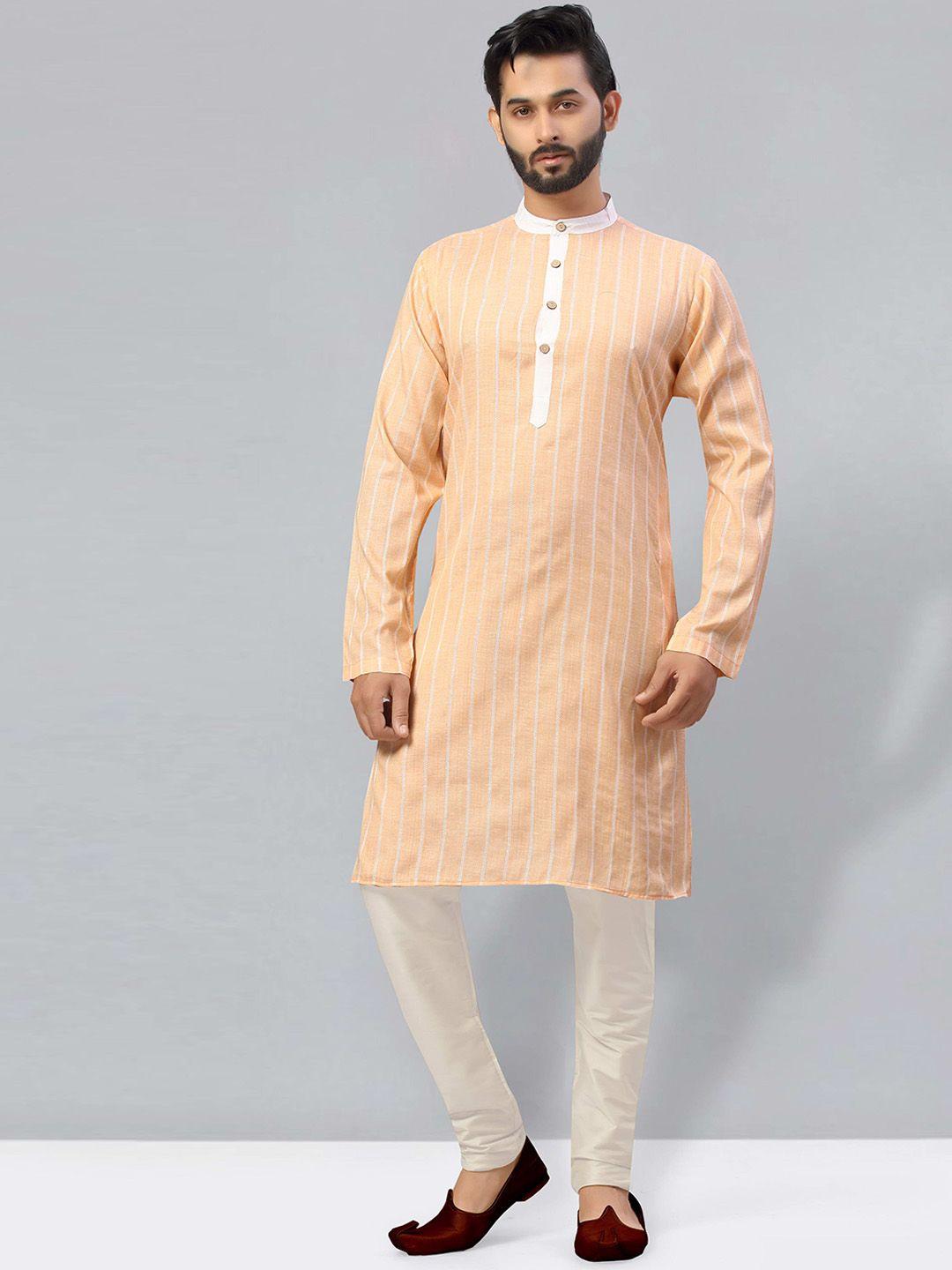 here&now men peach-coloured & white striped kurta