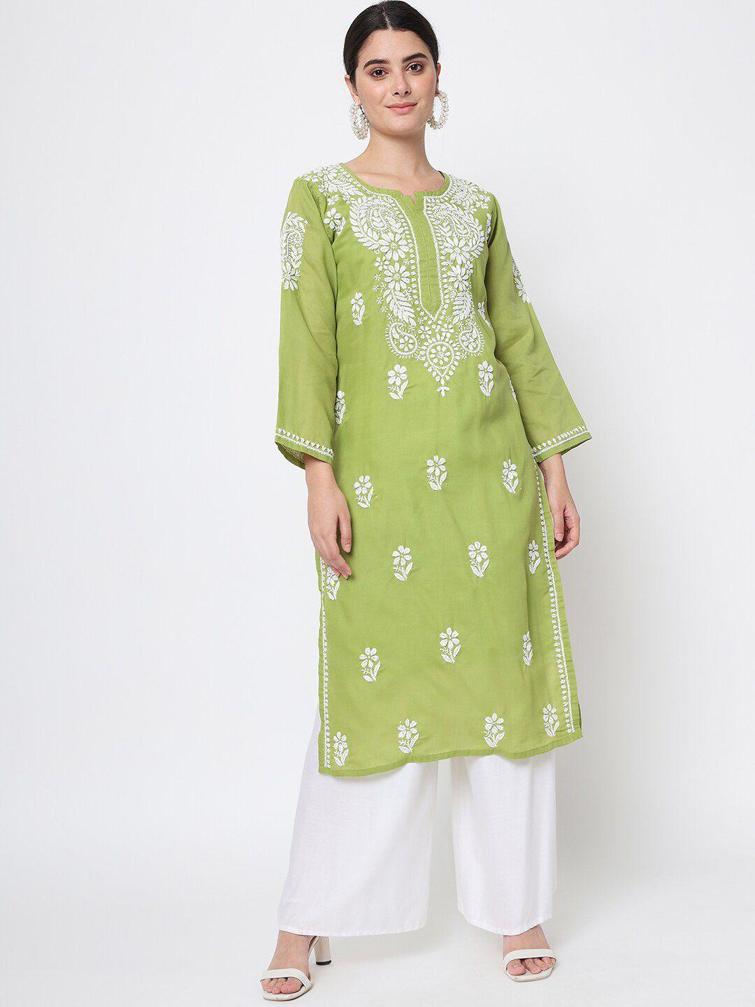 paramount chikan women olive green & white embroidered cotton chikankari kurta