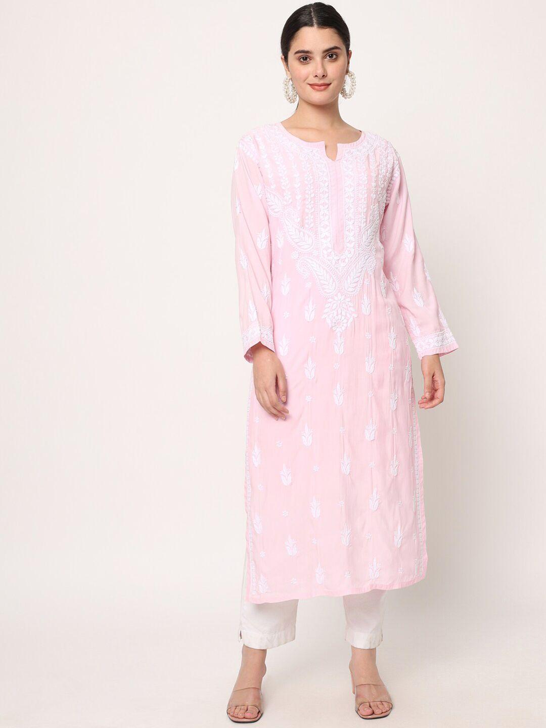 paramount chikan women pink-coloured chikankari embroidery regular sleeves kurta