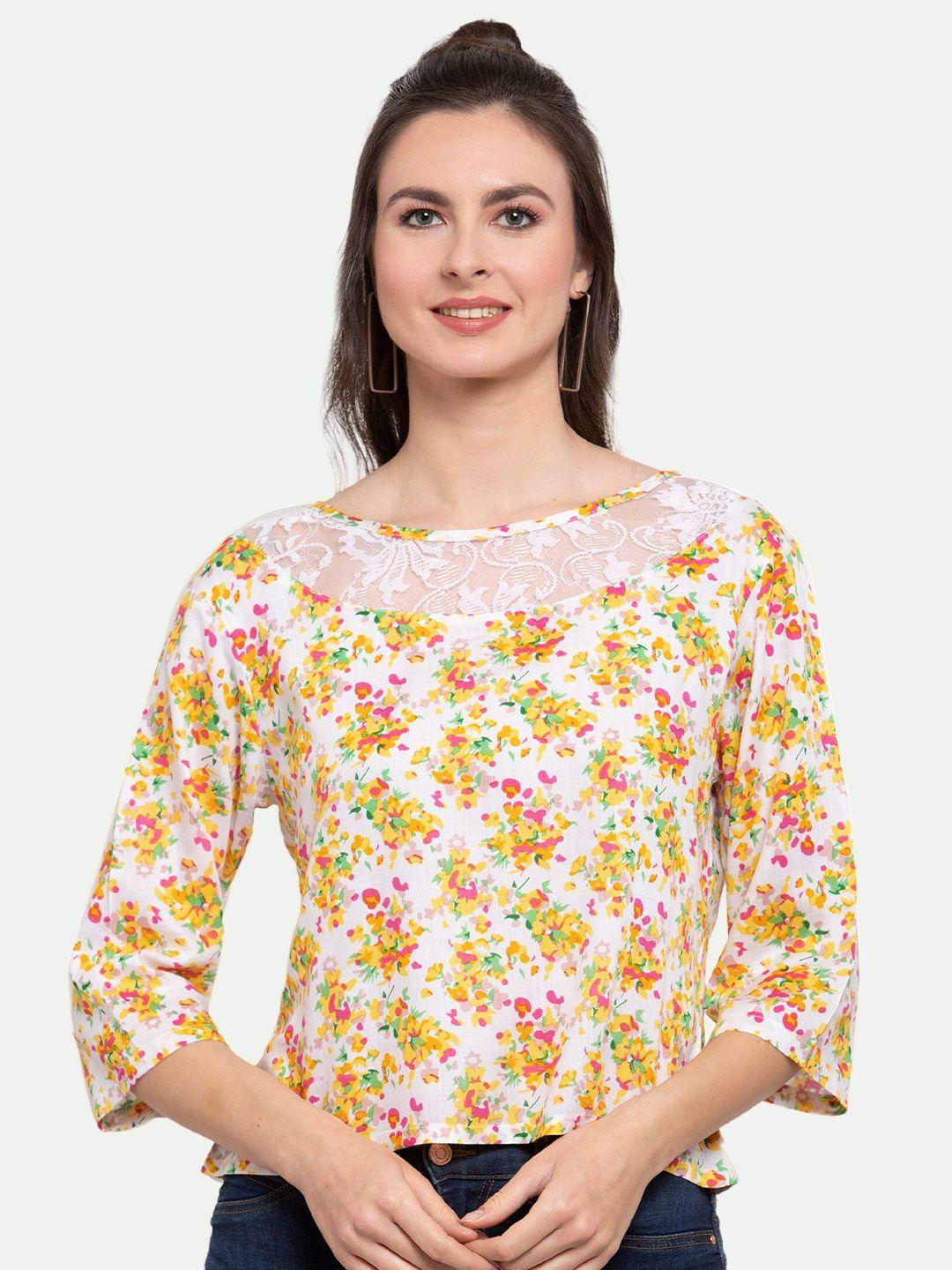 patrorna women yellow & white floral print top