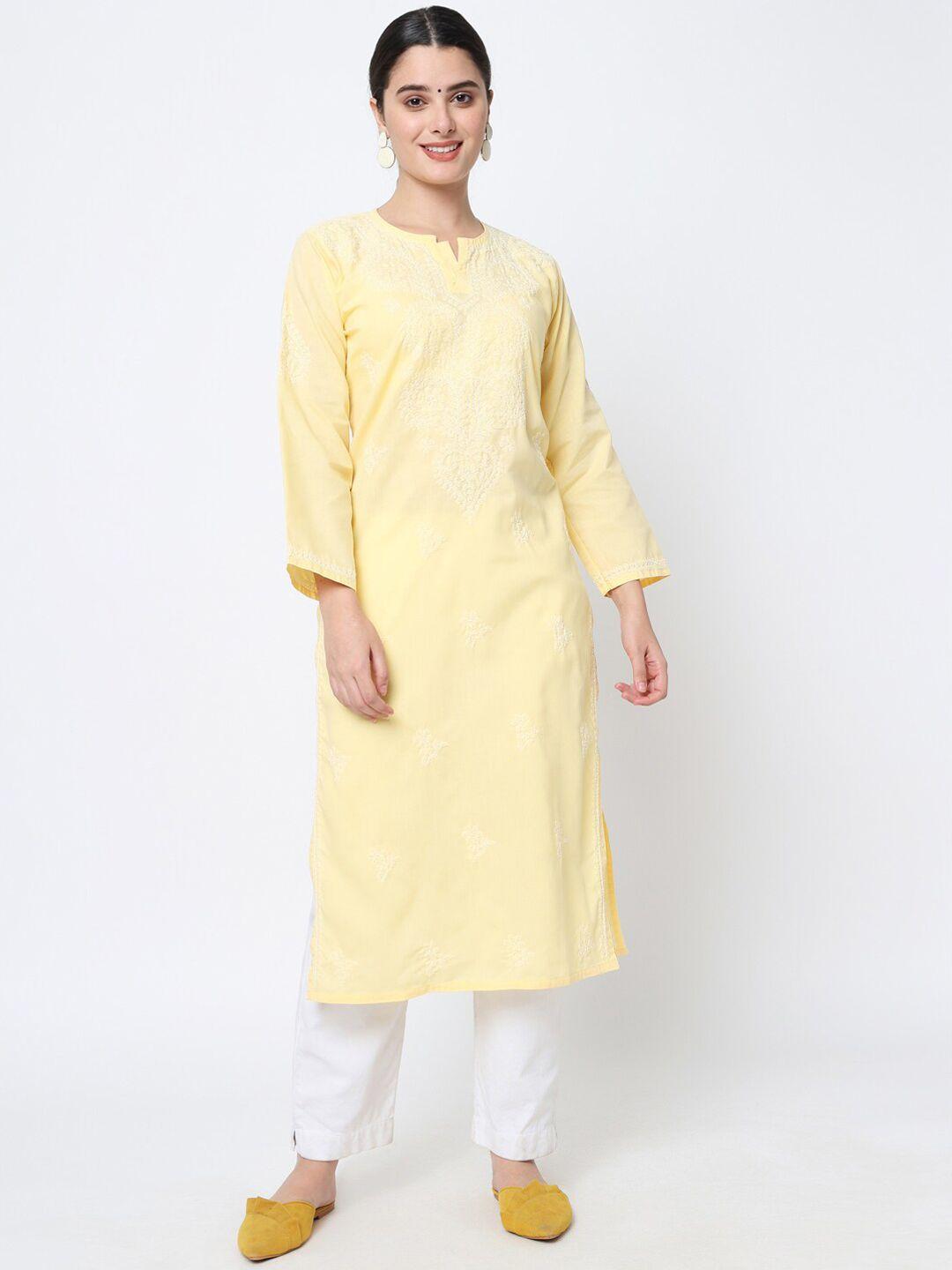 paramount chikan women yellow chikankari embroidered cotton kurta