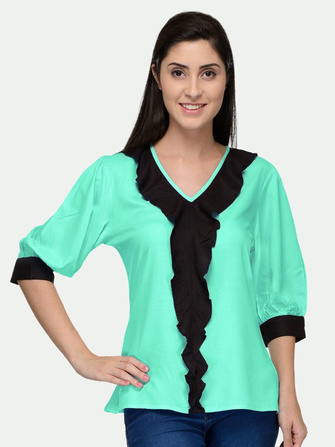 patrorna women sea green & black antimicrobial ruffles top