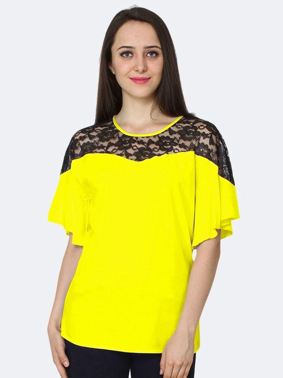 patrorna yellow & black lace work kimono sleeve top