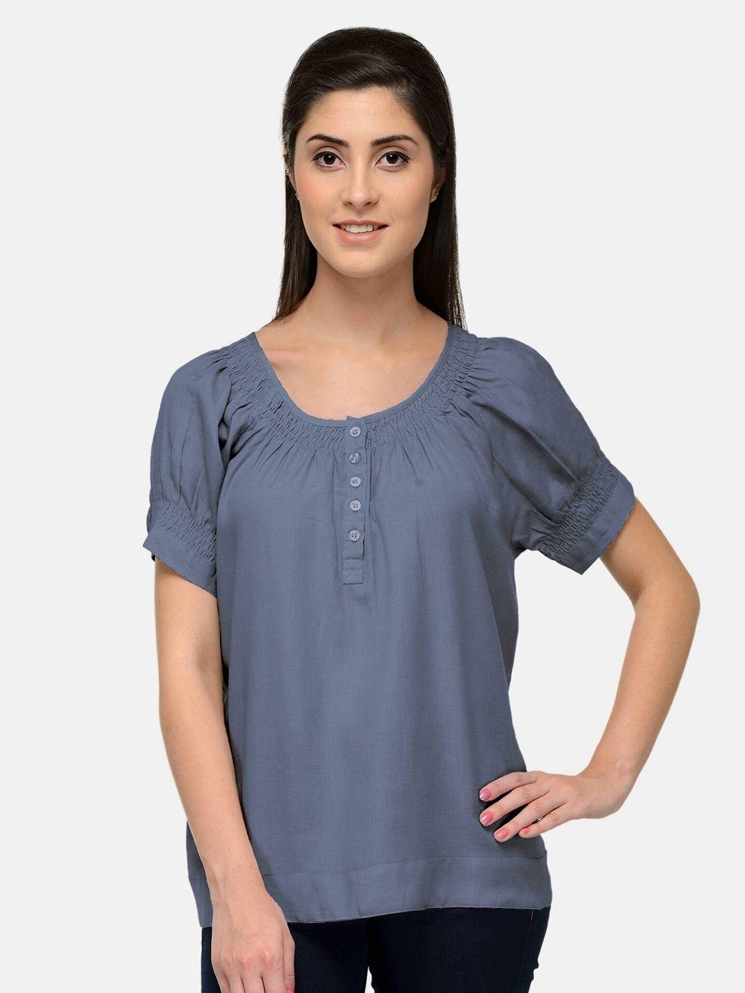 patrorna women grey solid smocked round neck cotton blend top