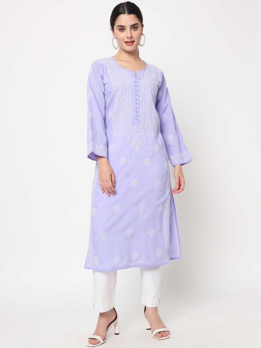 paramount chikan women mauve & white embroidered chikankari cotton straight kurta