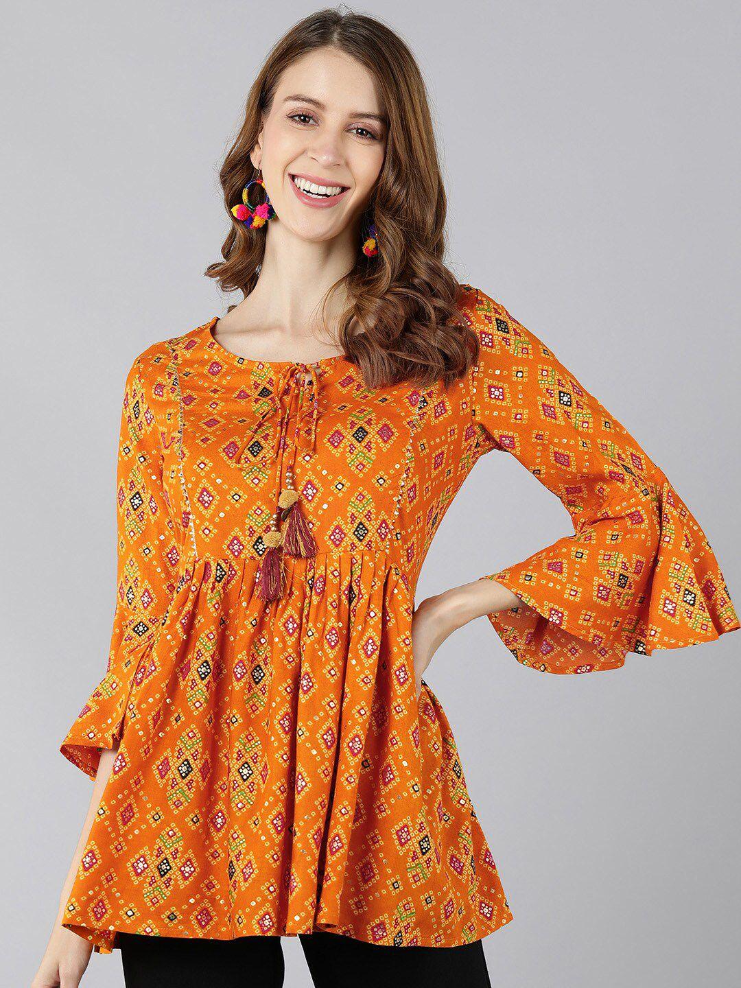 kipek orange floral print tie-up neck empire top