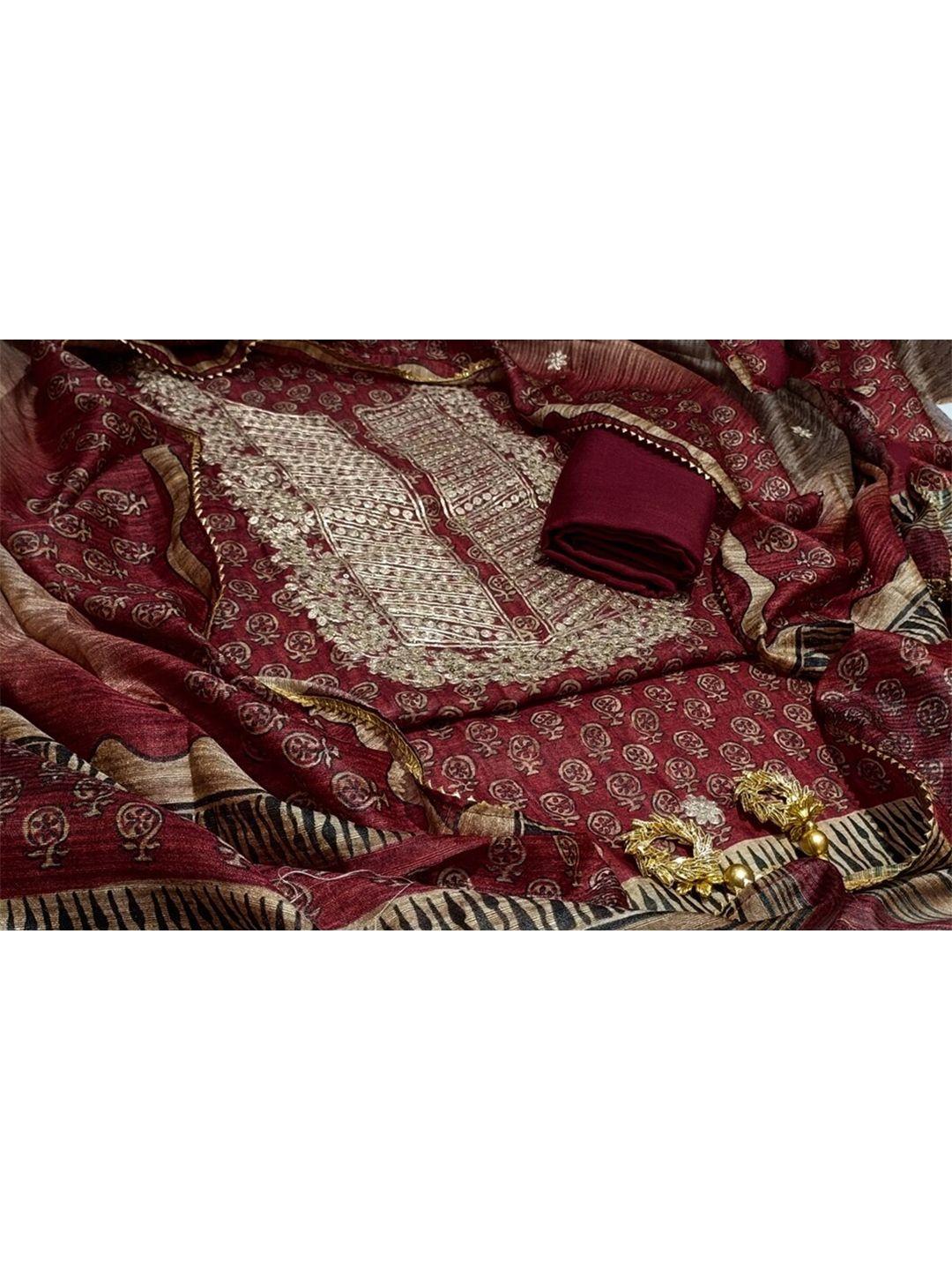 salwar studio maroon & gold-toned embroidered unstitched dress material