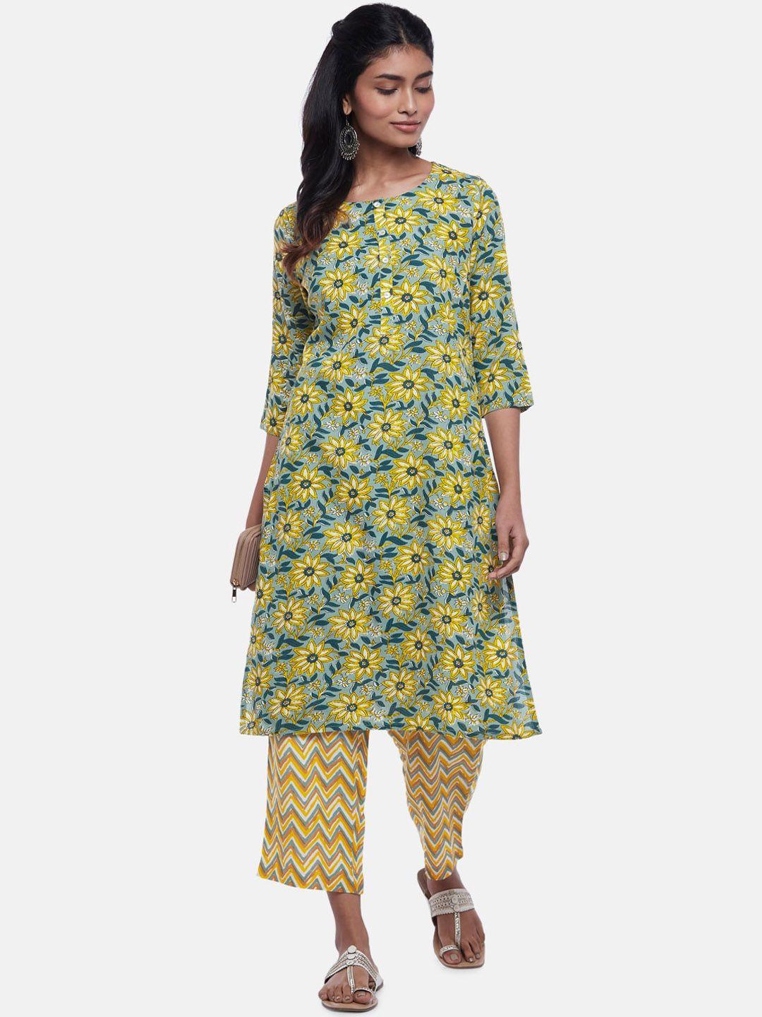 rangmanch by pantaloons women green printed kurta with trousers